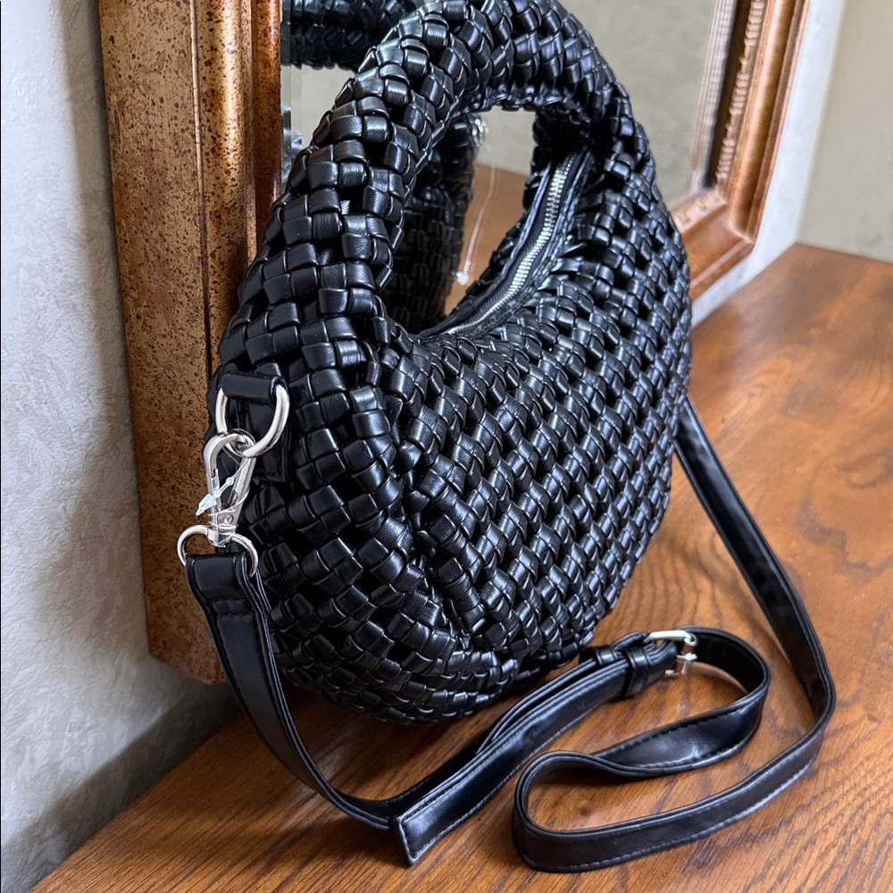 New. Sincerely Jules Elegant Black faux leather Woven Crossbody or handle Bag. - Picture 3 of 16
